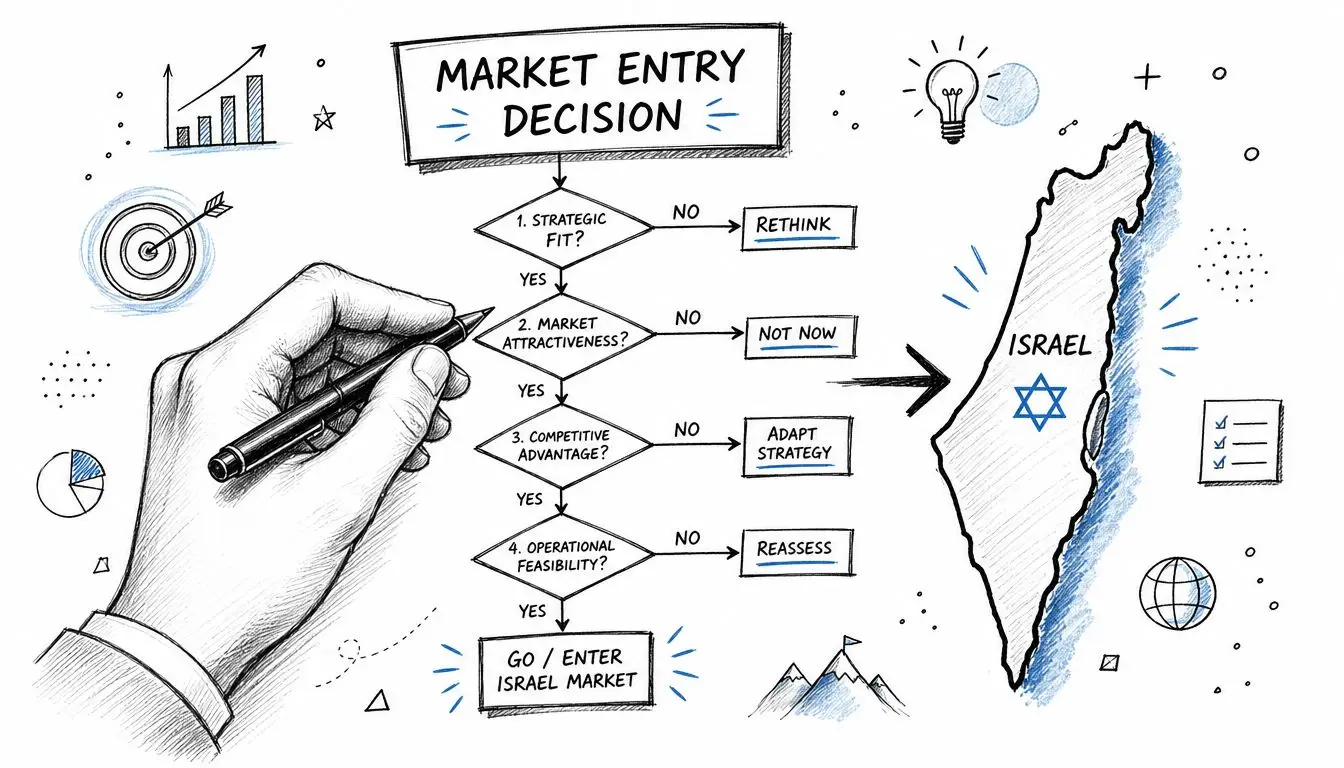 A hand-drawn flowchart illustrating the market entry decision process for expanding business operations into Israel.