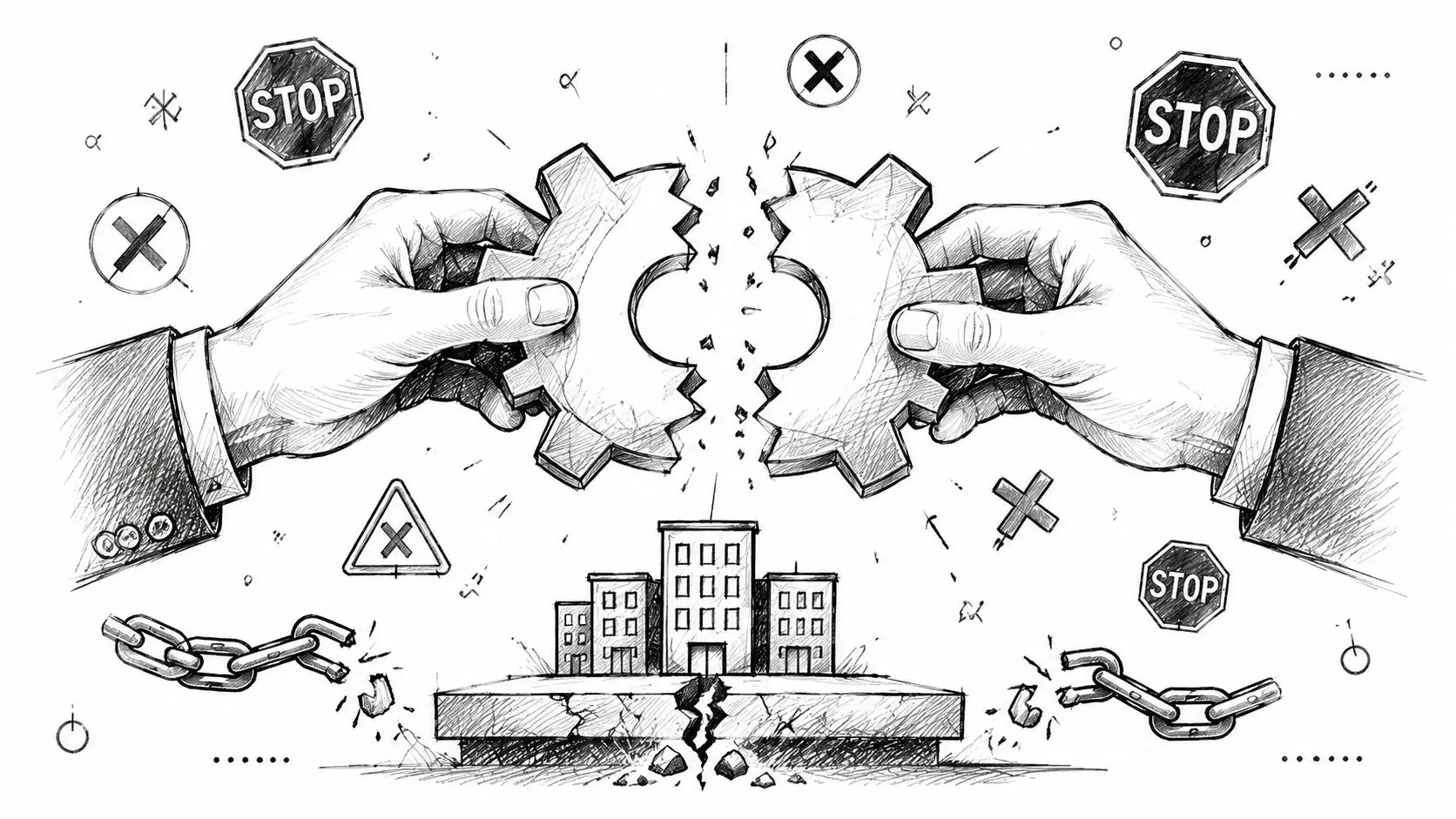 A pencil sketch illustration showing two hands breaking a large gear over a fractured city building.