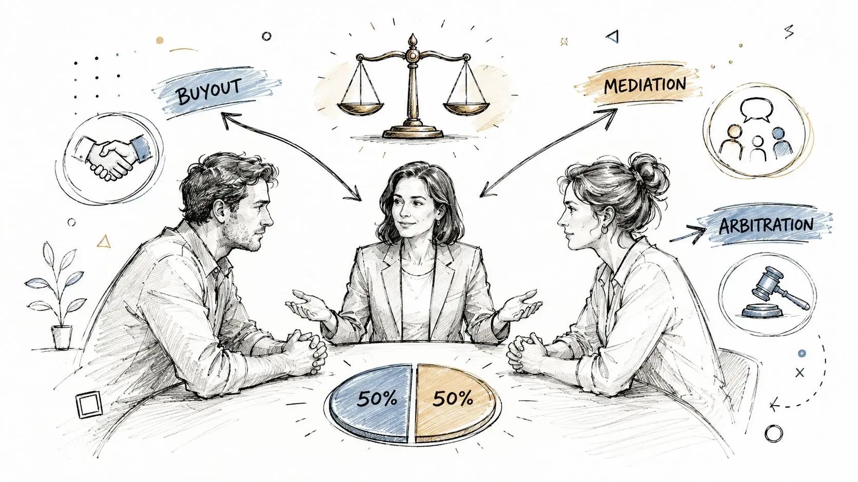 A professional mediator facilitating a business partnership dissolution discussion between two partners with options for buyout, mediation, or arbitration.