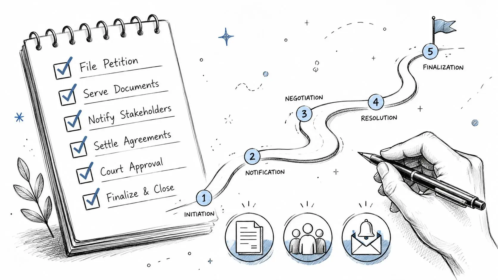 A hand drawing a business process timeline with a checklist notebook on a white background.