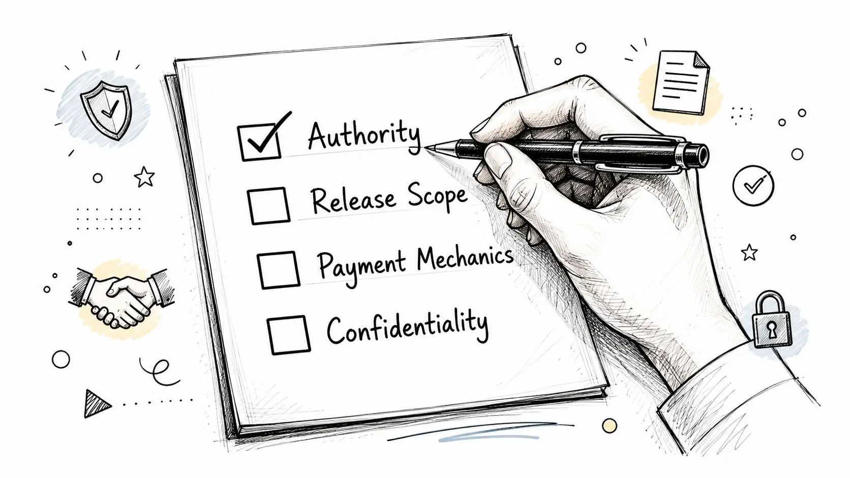 A hand checking the authority box on a checklist alongside other business contract agreement terms