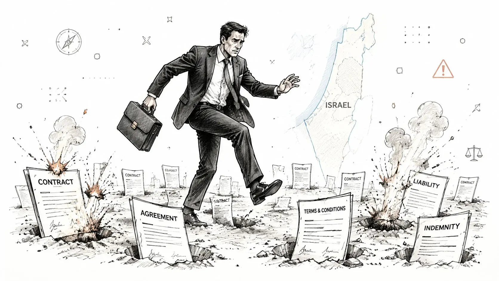 A businessman carefully steps through a dangerous field filled with exploding contract and legal documents in Israel.