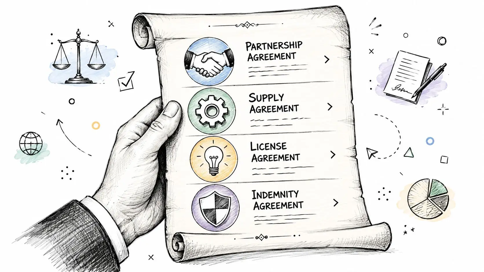 A hand holding a scroll displaying various legal contract types like partnership, supply, license, and indemnity agreements.