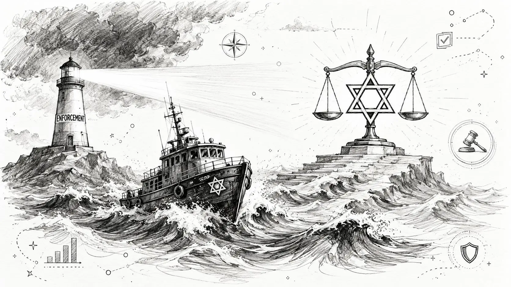 A conceptual sketch featuring a lighthouse, a ship with a Star of David, and legal scales.