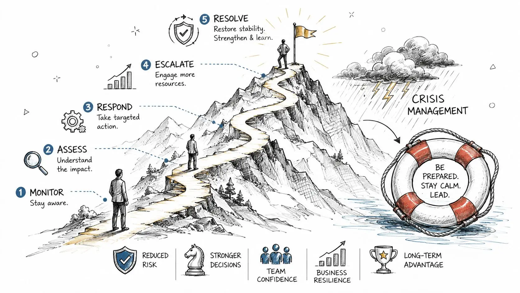 A conceptual diagram showing a business journey through crisis management leading to long-term success and resilience.