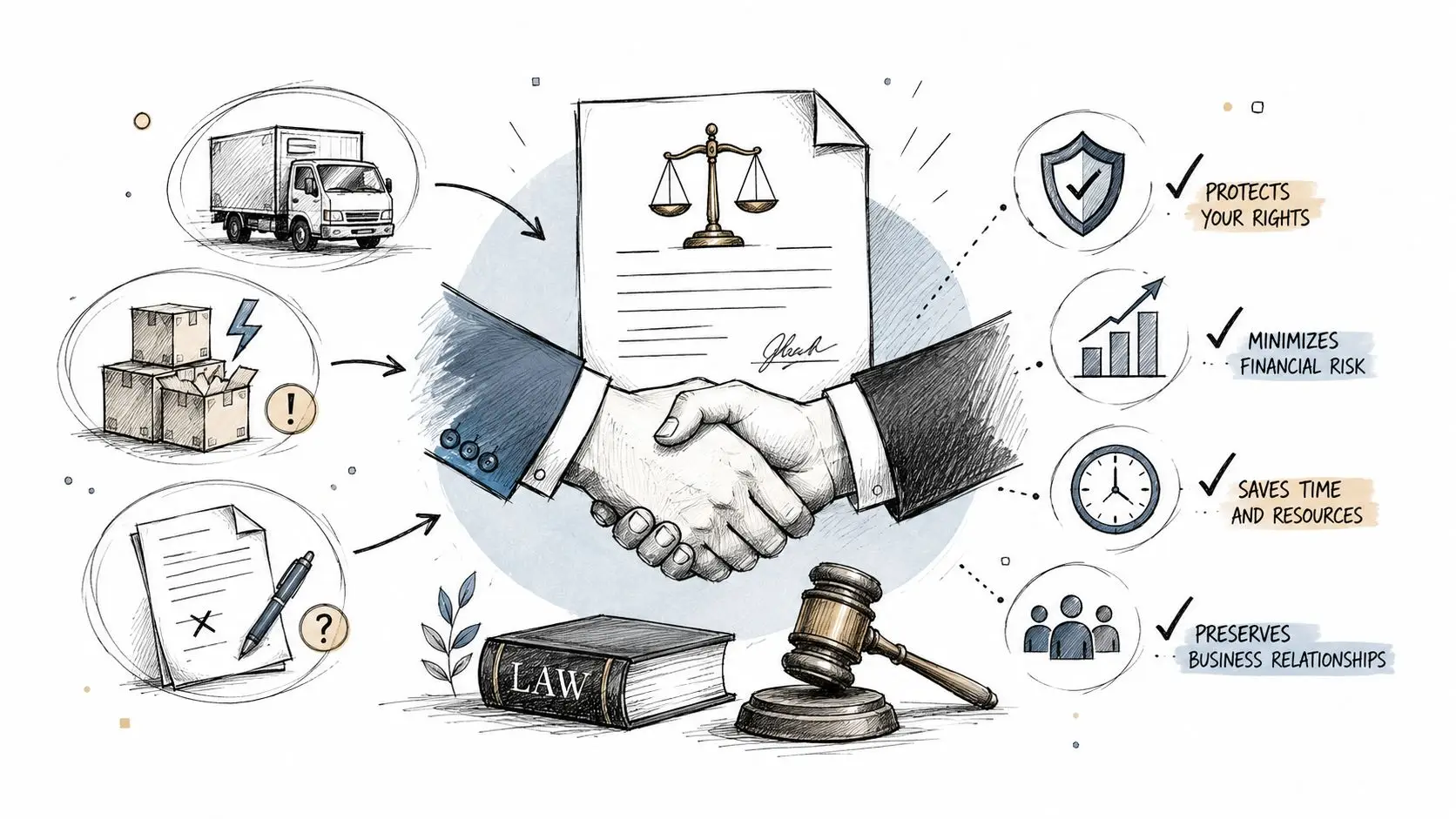 A hand-drawn illustration depicting a business handshake over a legal document, symbolizing dispute resolution and commercial contract services.