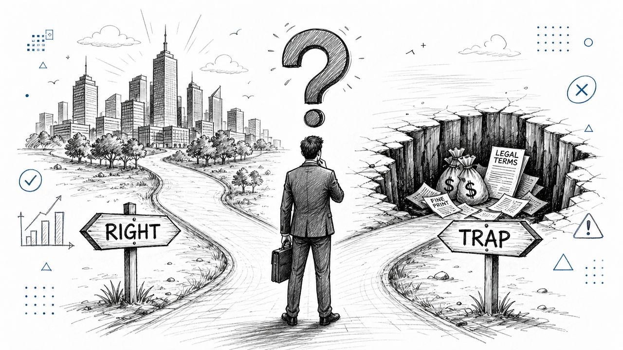 A businessman standing at a crossroads deciding between a successful path and a legal trap.