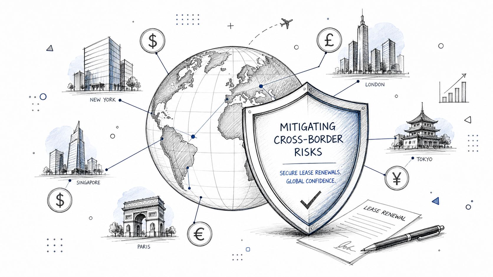 A conceptual illustration of global business risk mitigation for cross-border commercial lease renewals and real estate management.
