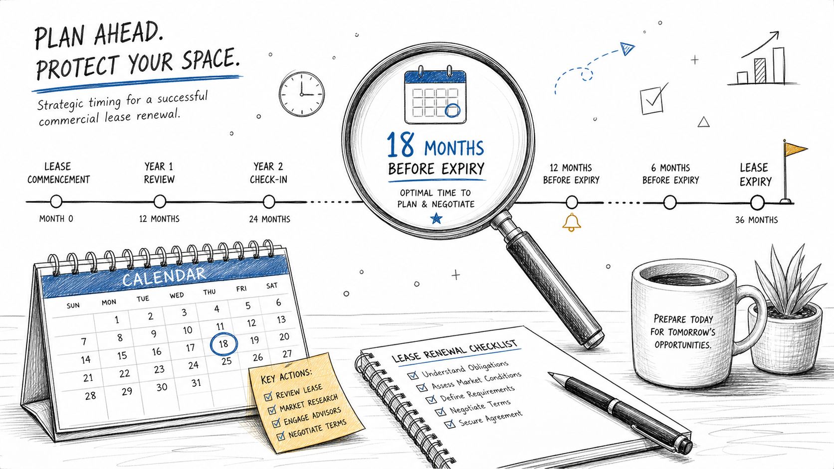 A strategic planning infographic for commercial lease renewal featuring a timeline, calendar, and checklist for business owners.