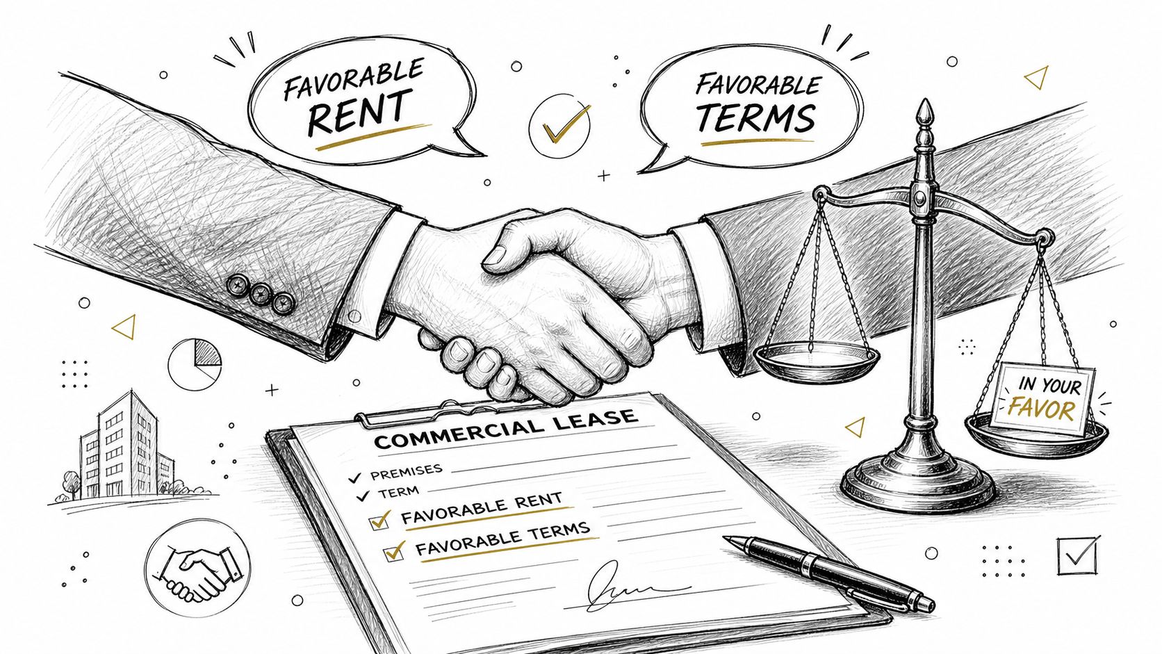 A hand-drawn illustration showing a handshake over a commercial lease document, balanced scale, and office icons.