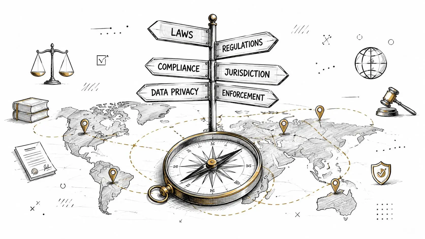 A conceptual illustration of global business law, regulations, compliance, and international data privacy governance on a map.