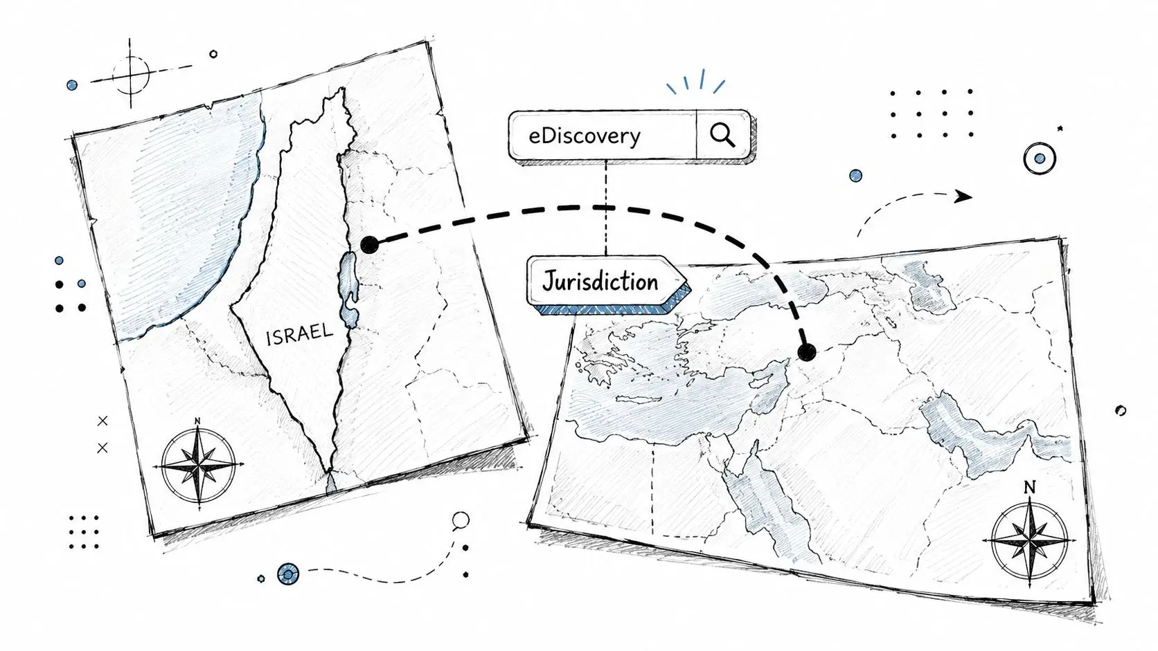 A hand-drawn illustration showing a connection between Israel and the Middle East regarding eDiscovery and legal jurisdiction.