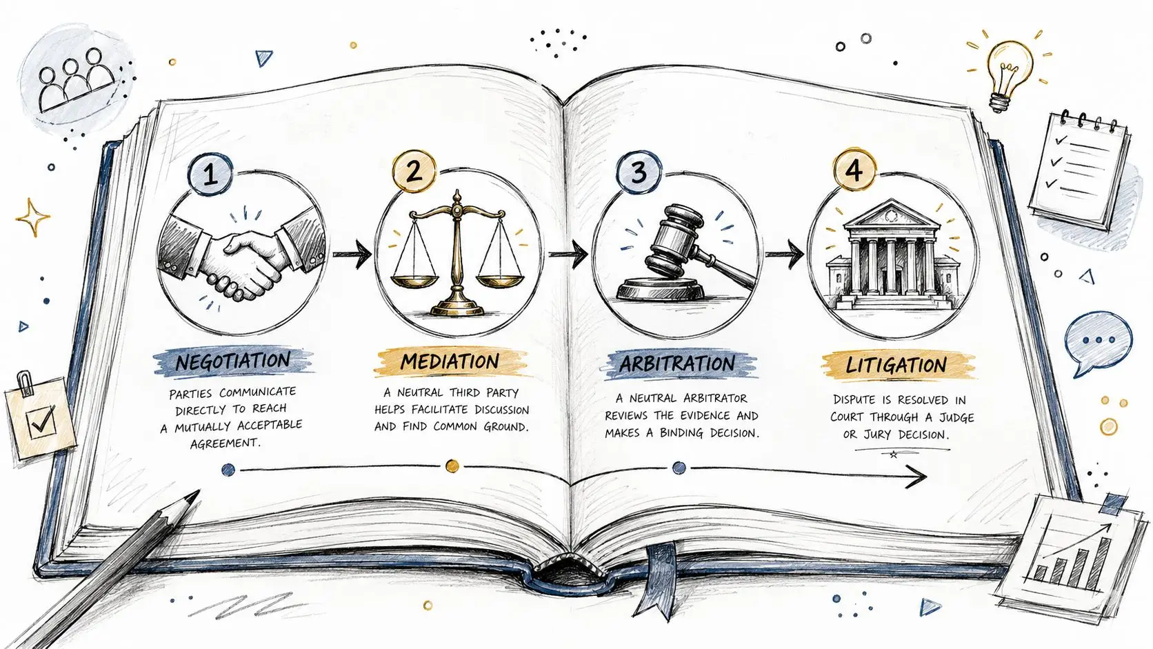 A hand-drawn illustration showing the four stages of conflict resolution: negotiation, mediation, arbitration, and litigation.