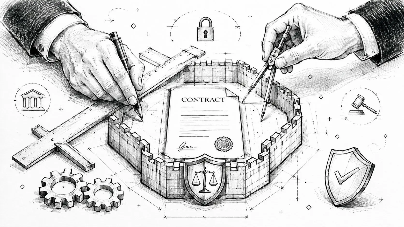 A pencil sketch shows hands drafting a contract protected by a stone fortress, scale, and legal symbols.