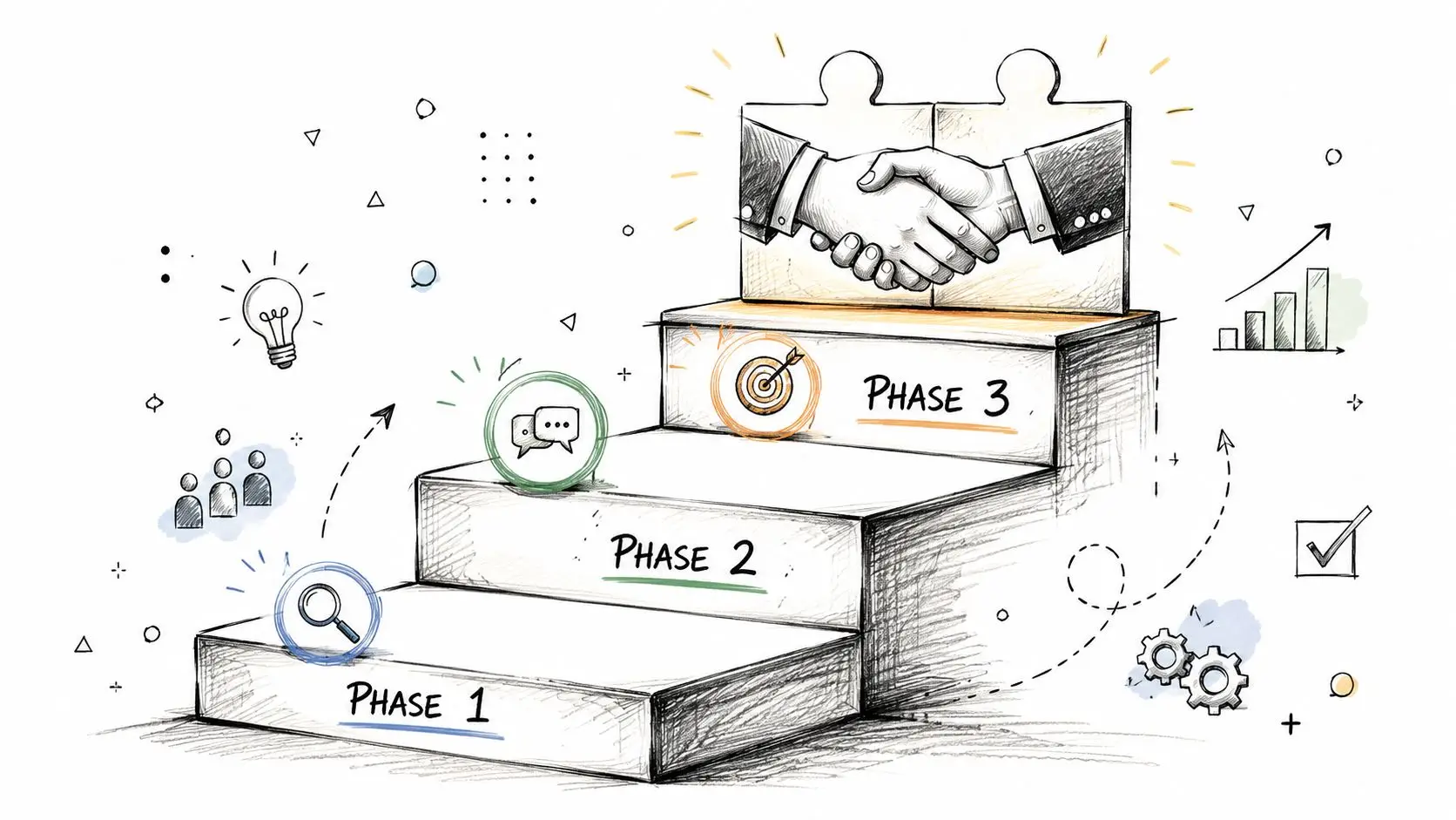 A conceptual illustration of a three-phase process leading to a successful business partnership and agreement.