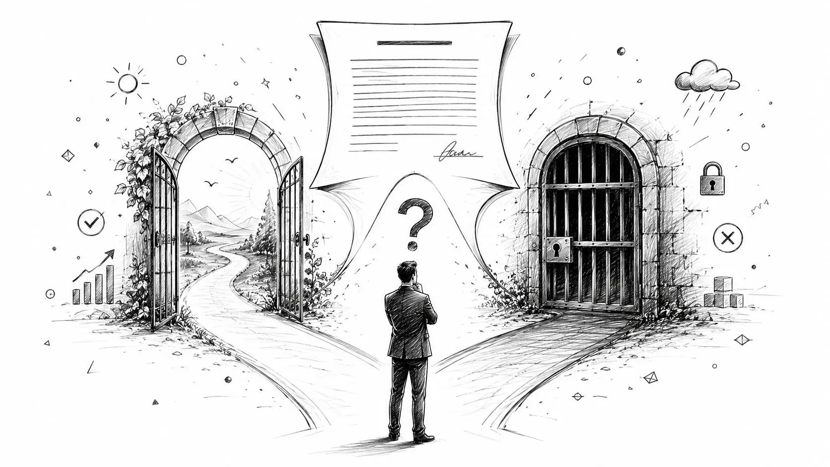 A businessman standing at a crossroads choosing between an open door to freedom and a locked prison.