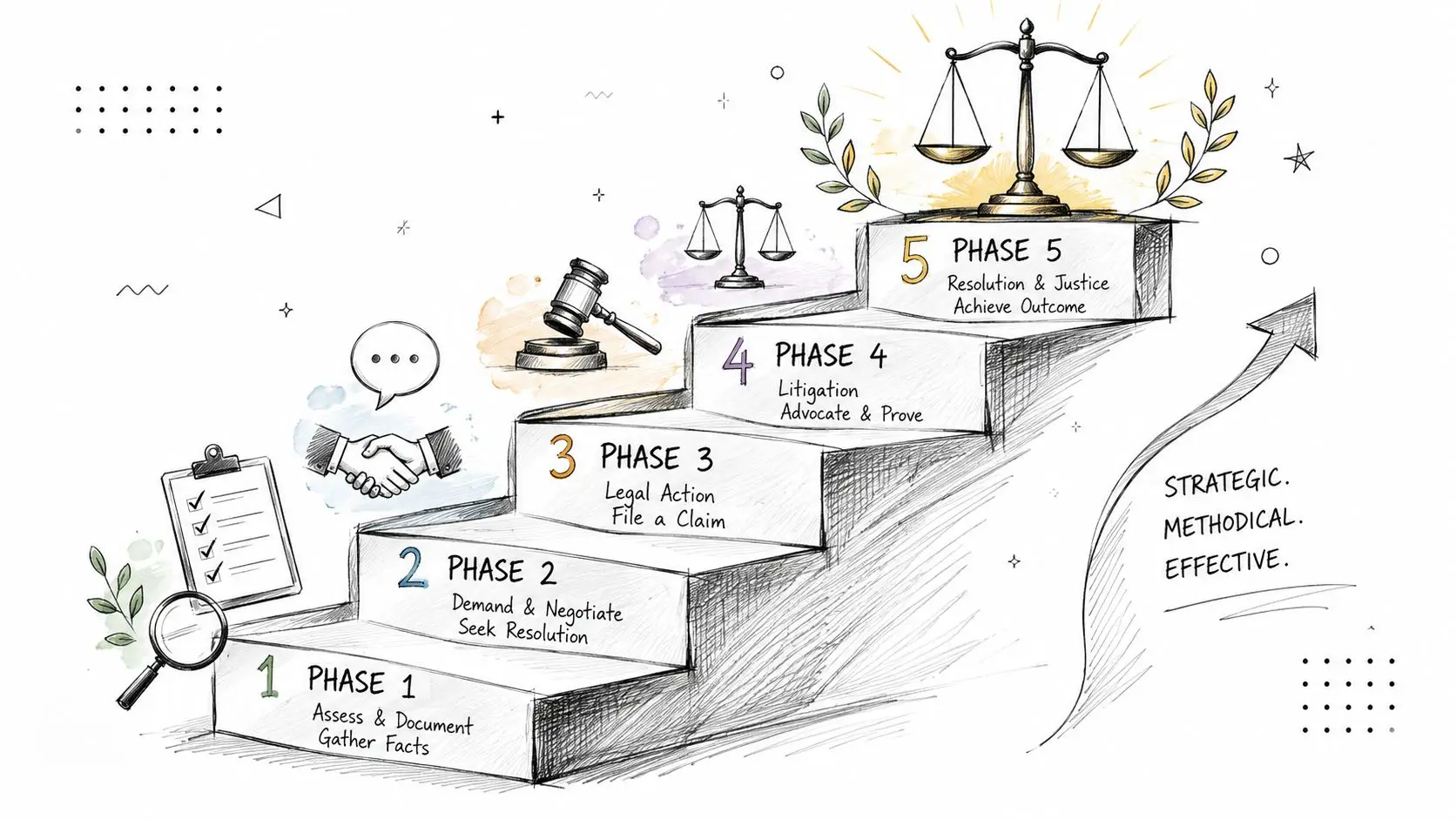 A five-step staircase illustration representing a legal process for strategic, methodical, and effective crisis management.