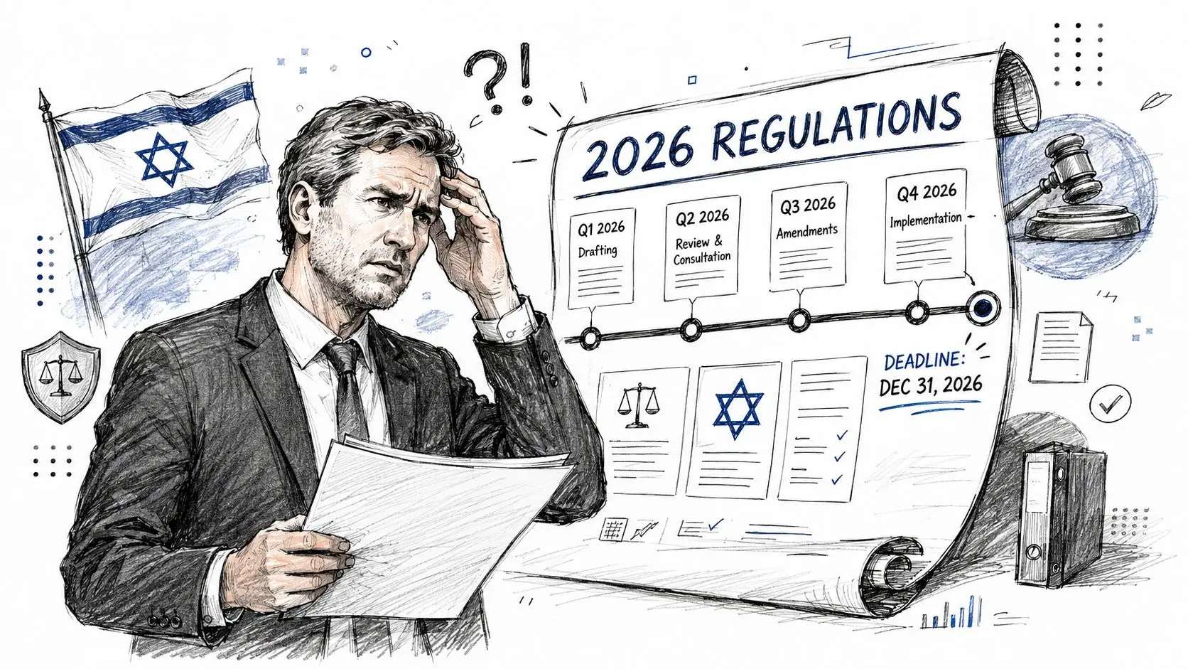A concerned businessman looking at a timeline chart for 2026 regulations with the Israeli flag nearby.