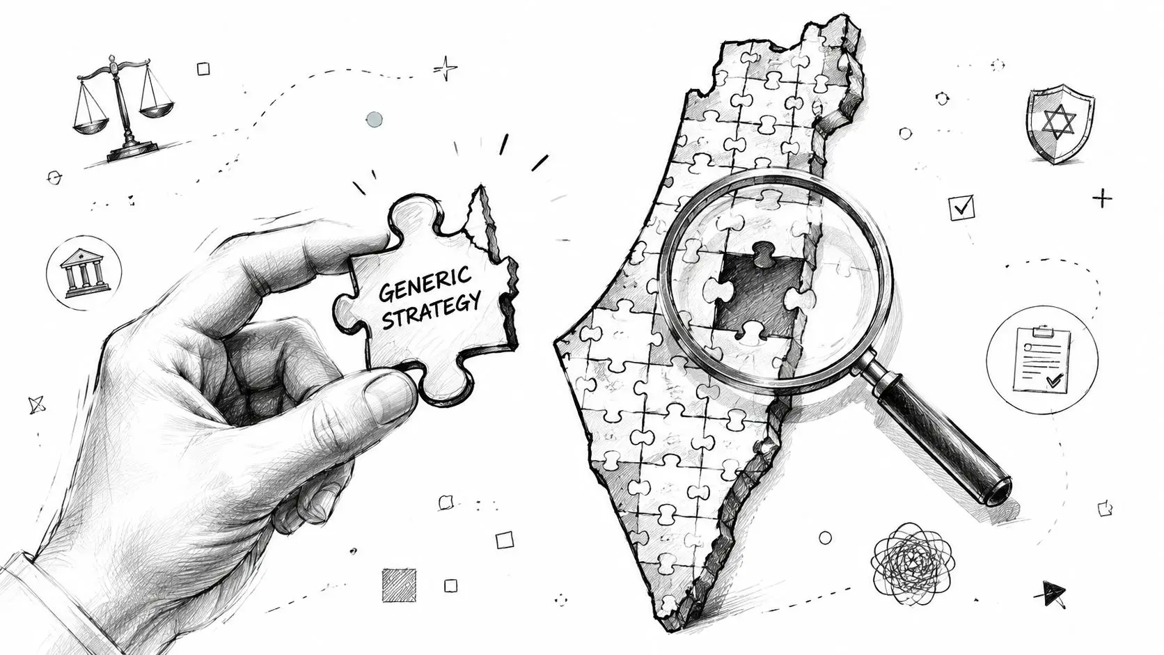 A hand holding a puzzle piece labeled Generic Strategy near a map puzzle of Israel under a magnifying glass.