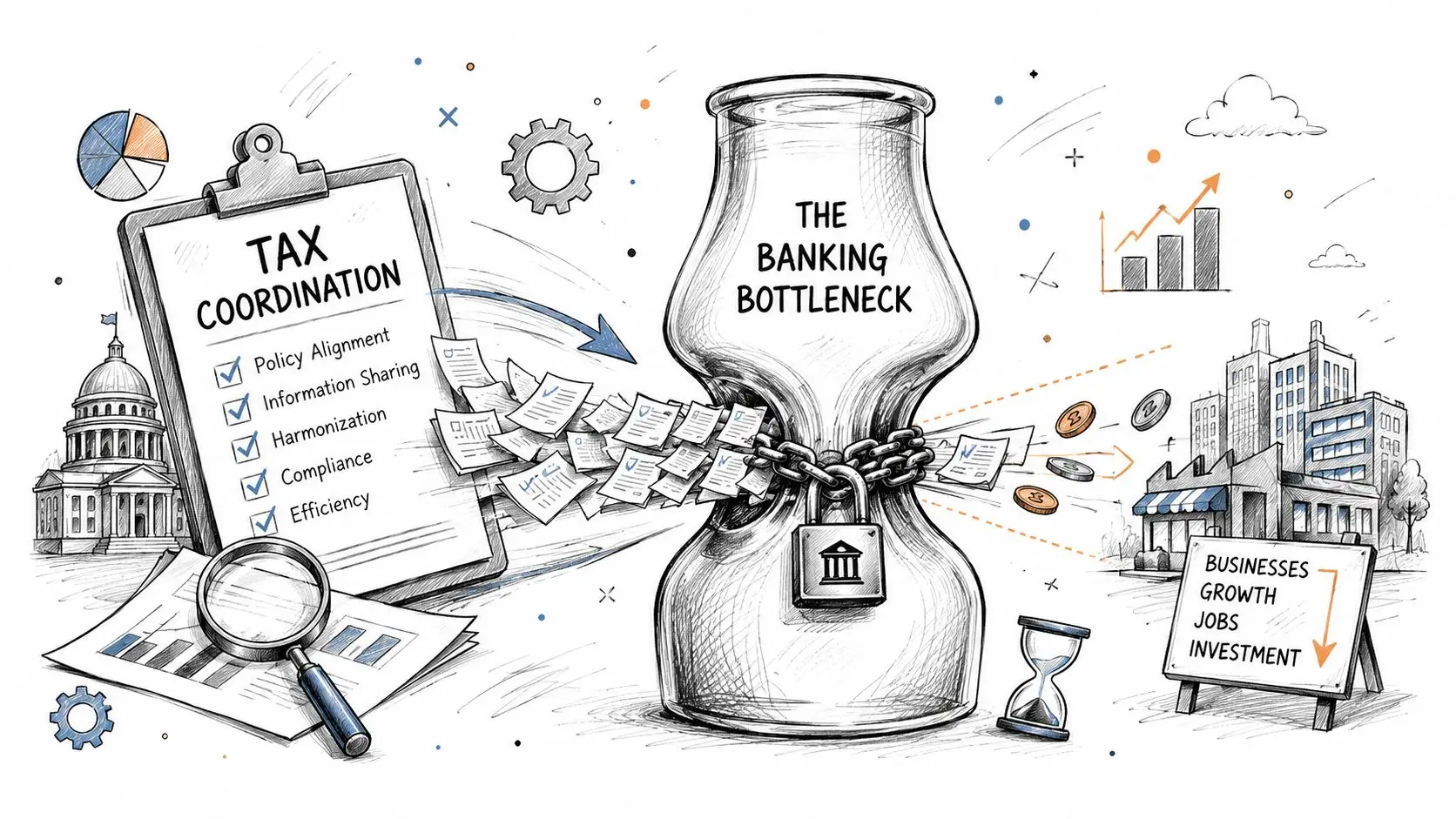 An illustration showing a clipboard labeled Tax Coordination connected to a bottlenecked hourglass blocking economic growth.