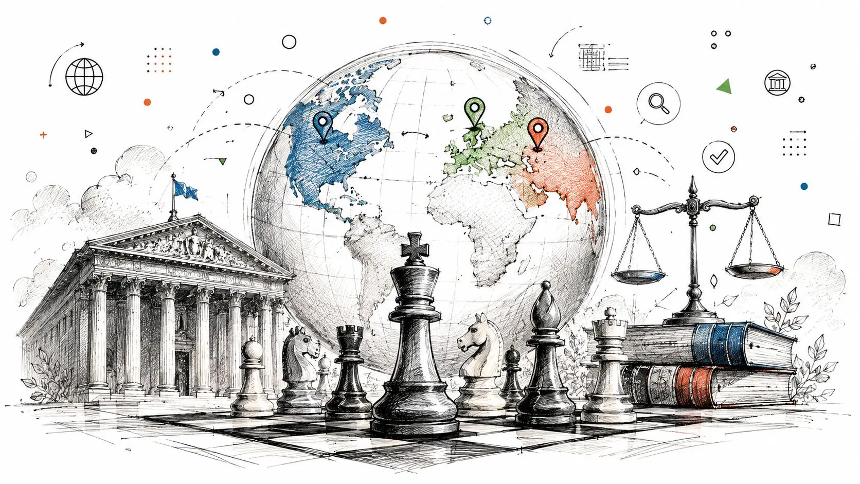 A detailed illustration featuring a globe, chess pieces, a courthouse, and scales of justice symbolizing international law.