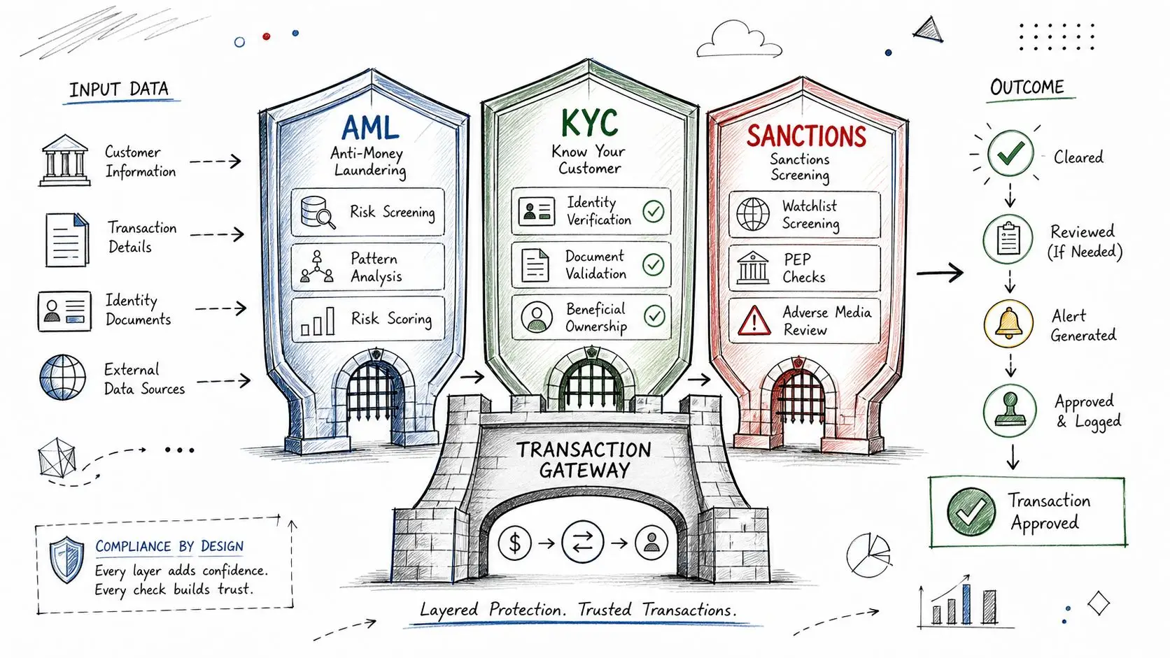A diagram illustrating the layered security process for financial compliance, including AML, KYC, and sanctions screening.