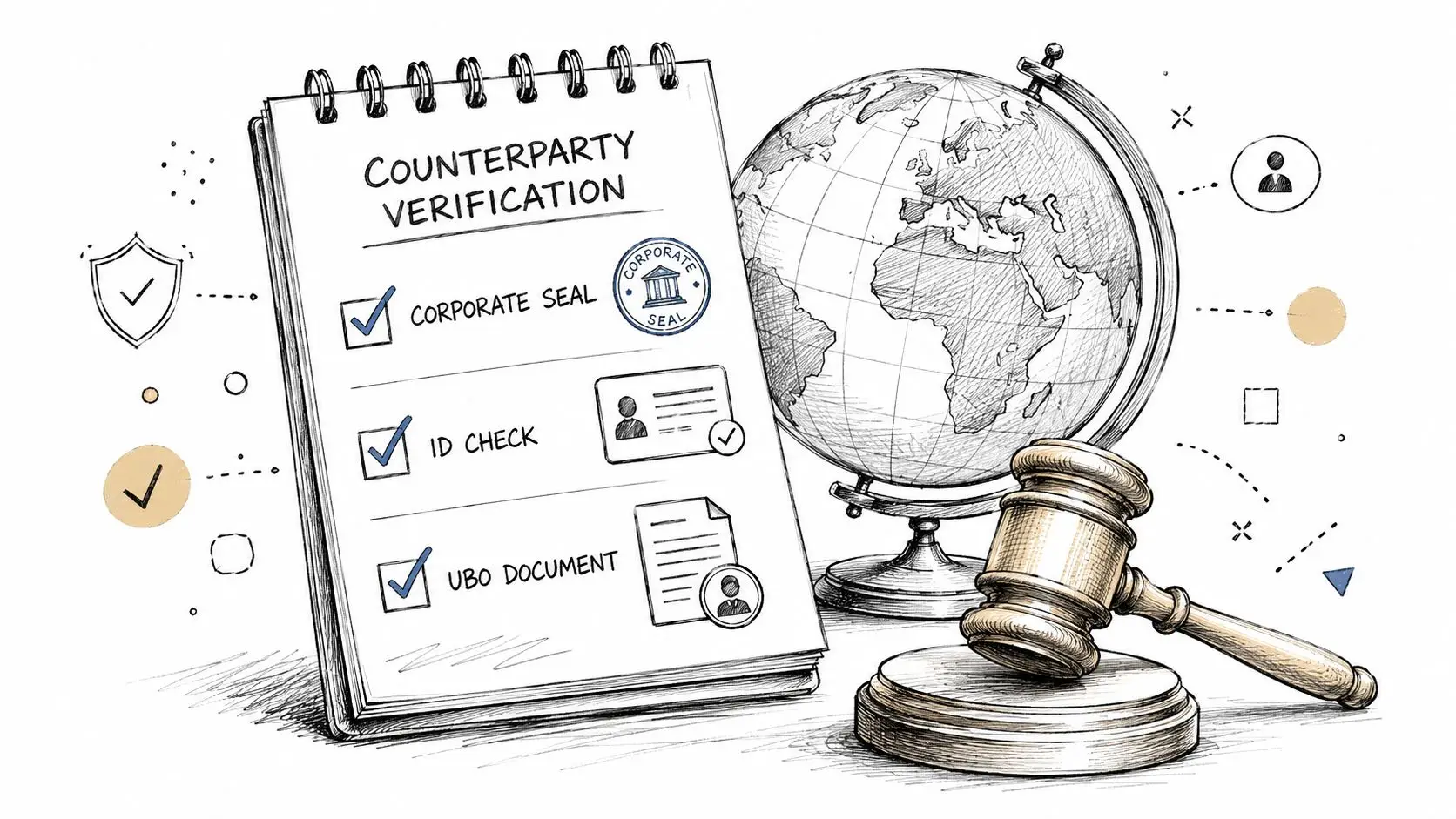 A checklist for counterparty verification featuring a globe, a gavel, and corporate compliance icons on paper.