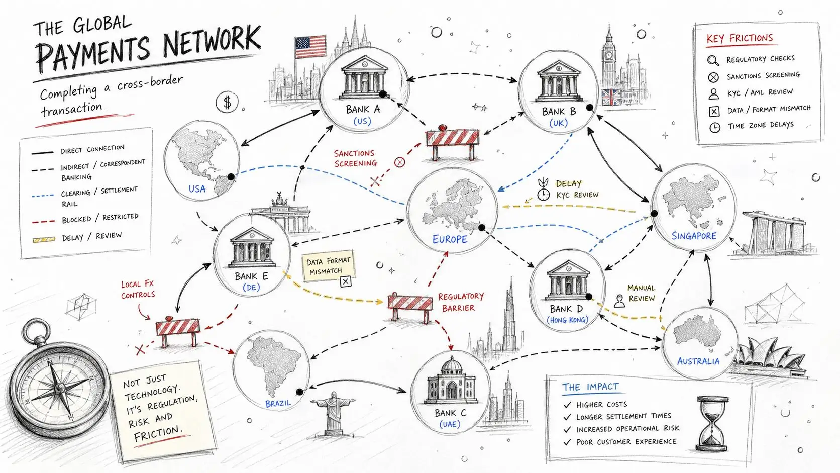 A hand-drawn illustration depicting the complexity, frictions, and regulatory hurdles of global cross-border financial payment networks.