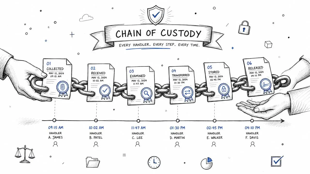 A hand-drawn illustration showing the six-step chain of custody process for digital evidence preservation.