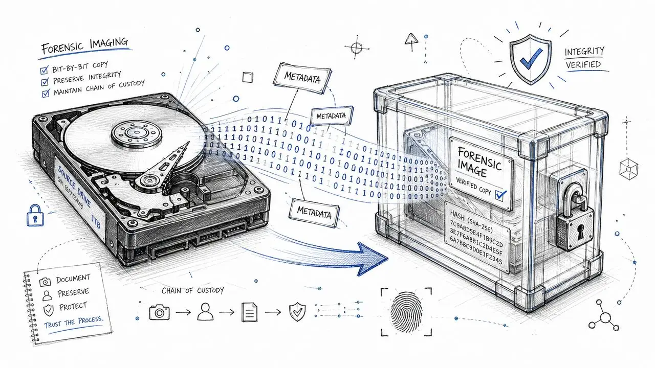 A conceptual illustration of digital forensic imaging showing data transfer from a hard drive to a secure box.