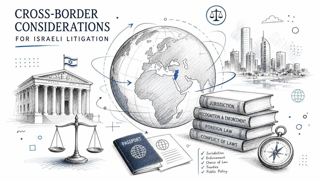 A hand-drawn illustration depicting cross-border legal concepts, featuring a globe, a courthouse, law books, and a passport.