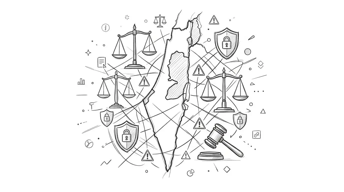 A line drawing depicting scales of justice, gavels, and security shields layered over a map of Israel.