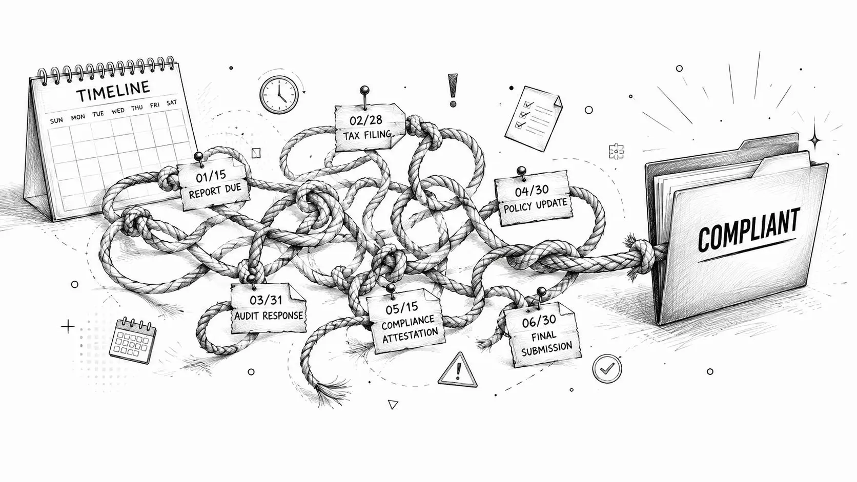 A complex rope diagram illustrating business compliance deadlines and tasks leading to a compliant file folder.