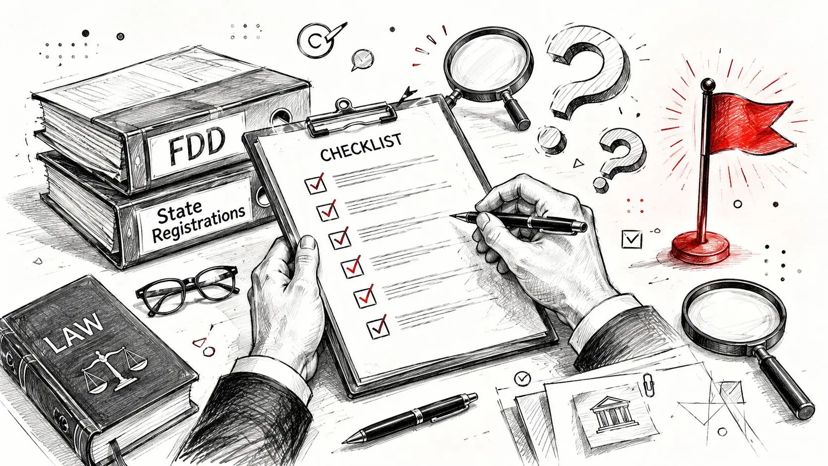 A professional desk setting featuring a lawyer reviewing franchise compliance documents, checklists, and legal reference books.