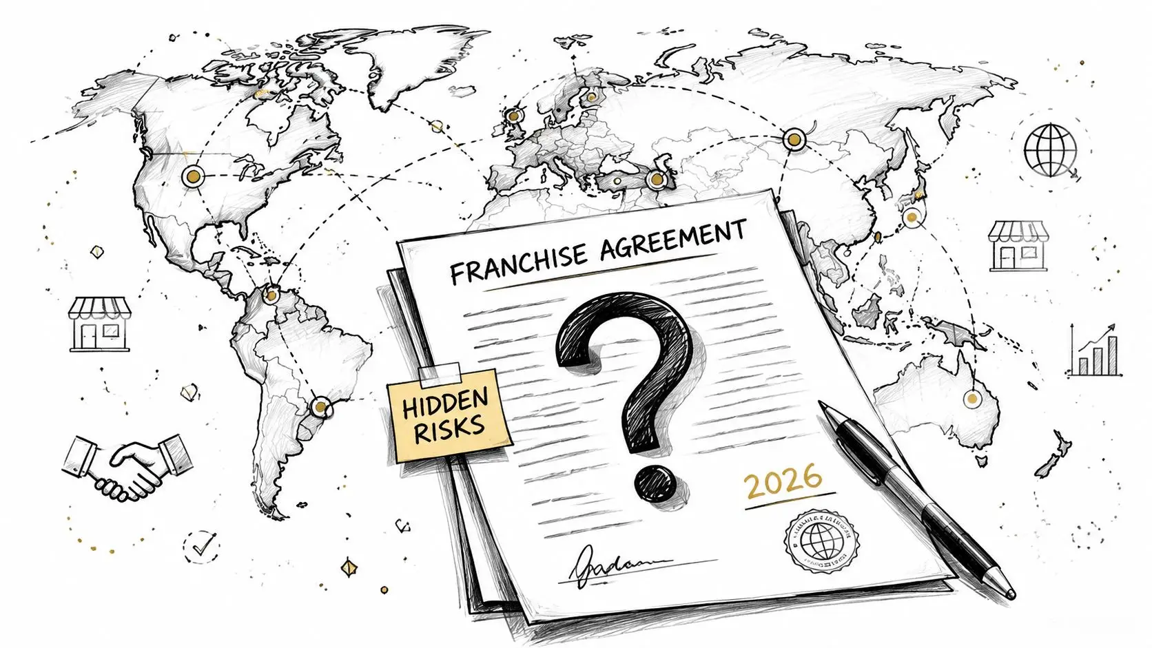 A conceptual illustration featuring a franchise agreement document with a large question mark and hidden risks note.