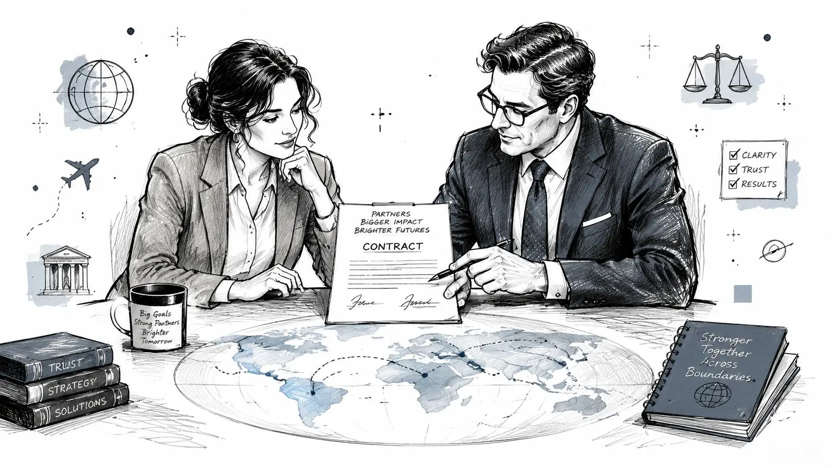 A professional man and woman review a business contract over a world map, symbolizing global legal partnership.