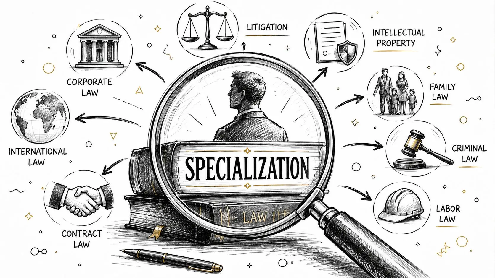A magnifying glass focusing on law specializations, surrounded by illustrations representing various fields like corporate and criminal law.