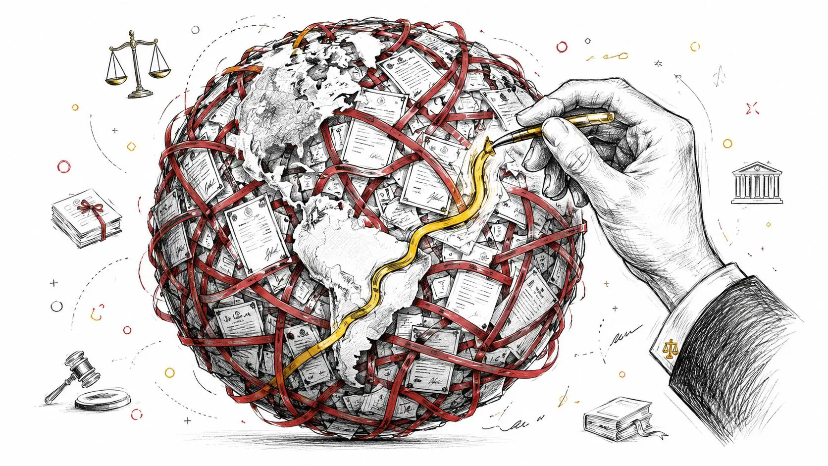 A hand using a gold pen to draw on a globe covered in legal documents and red ribbons.