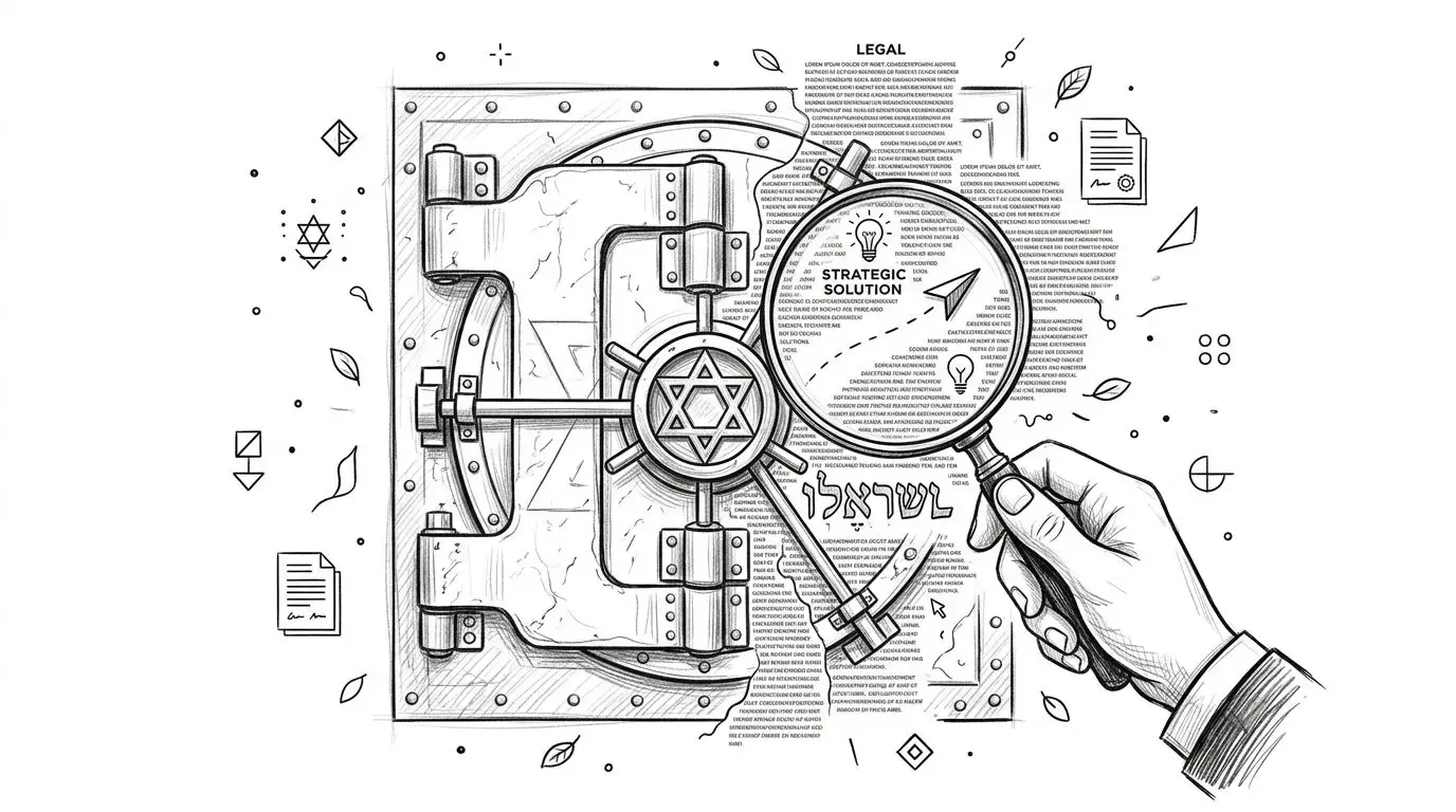 A hand holding a magnifying glass focused on a vault door with text and Hebrew script.