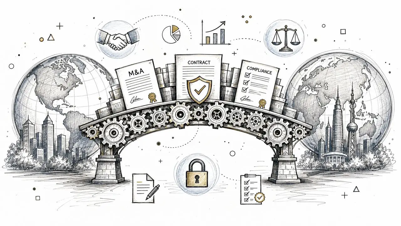 Conceptual sketch of international business law involving contracts, compliance, mergers, and global trade under a gear mechanism.