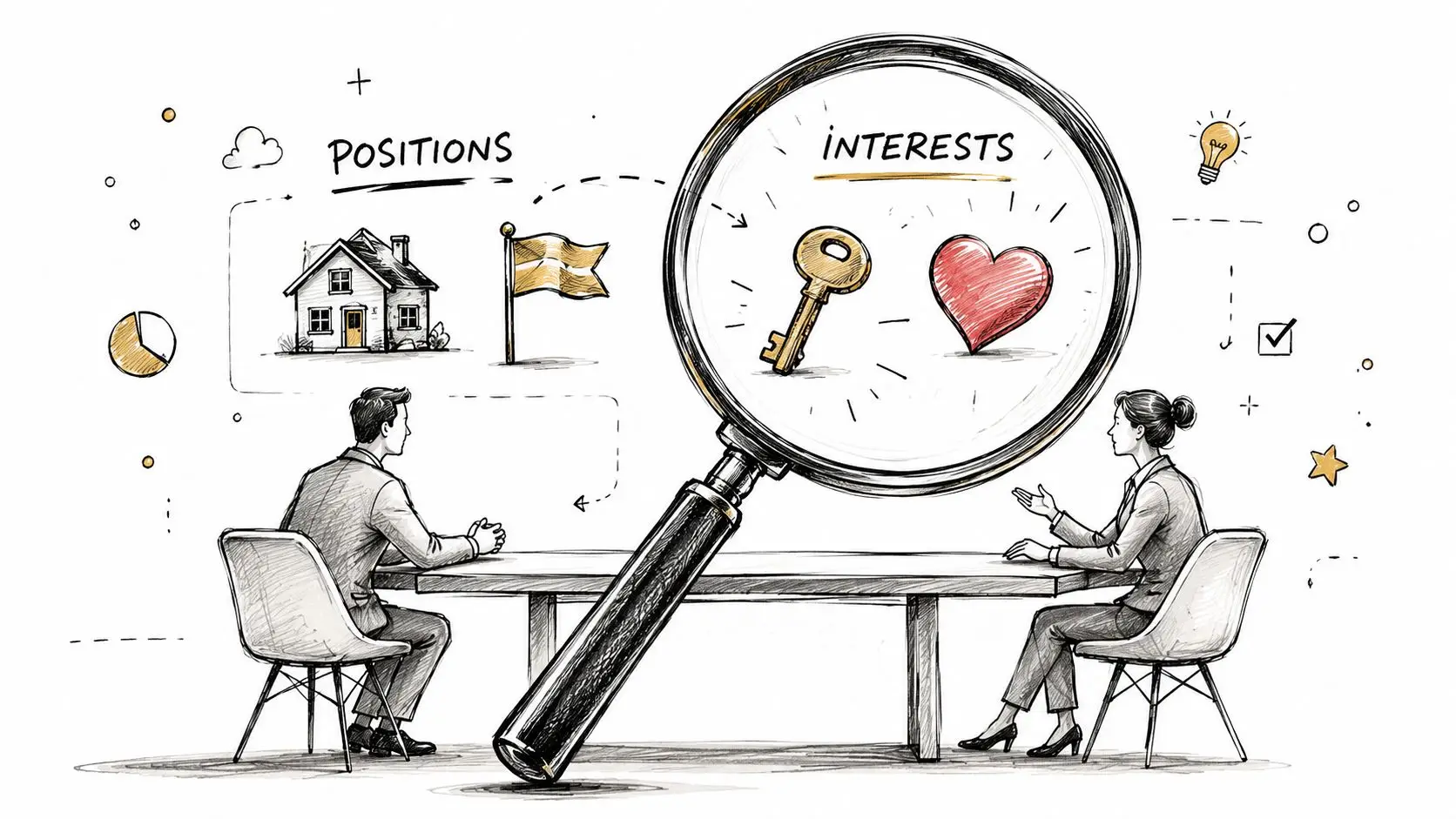 A professional illustration of a man and woman discussing negotiations with interests versus positions concept.