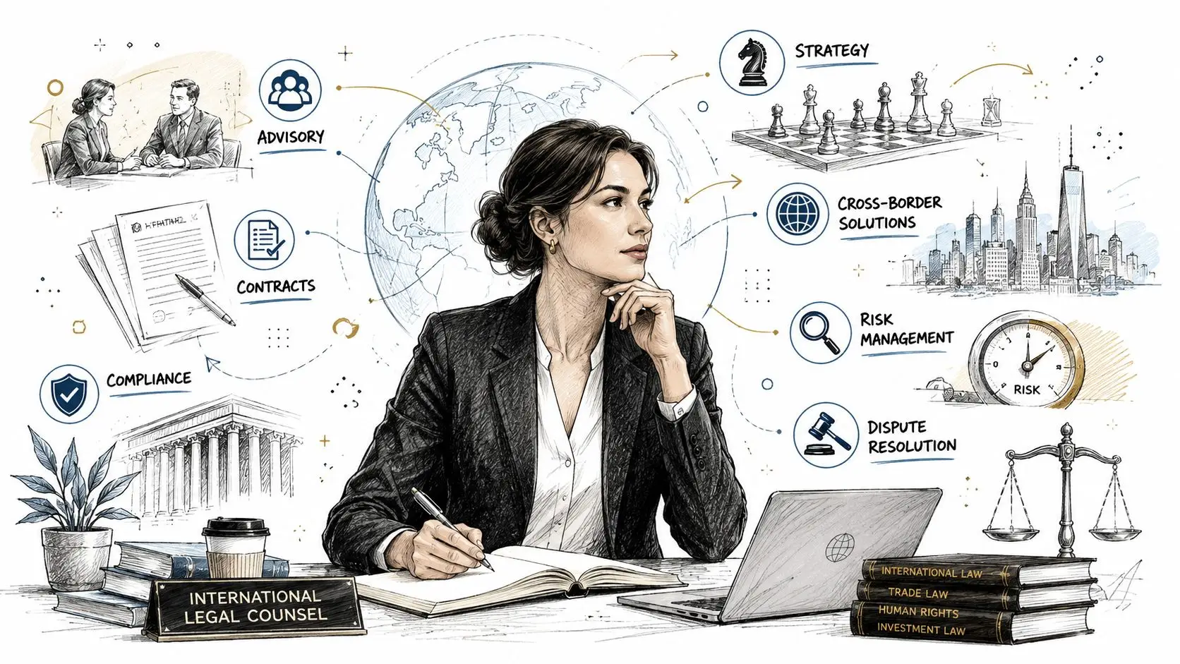 A professional international legal counsel working at her desk surrounded by law related icons and symbols.