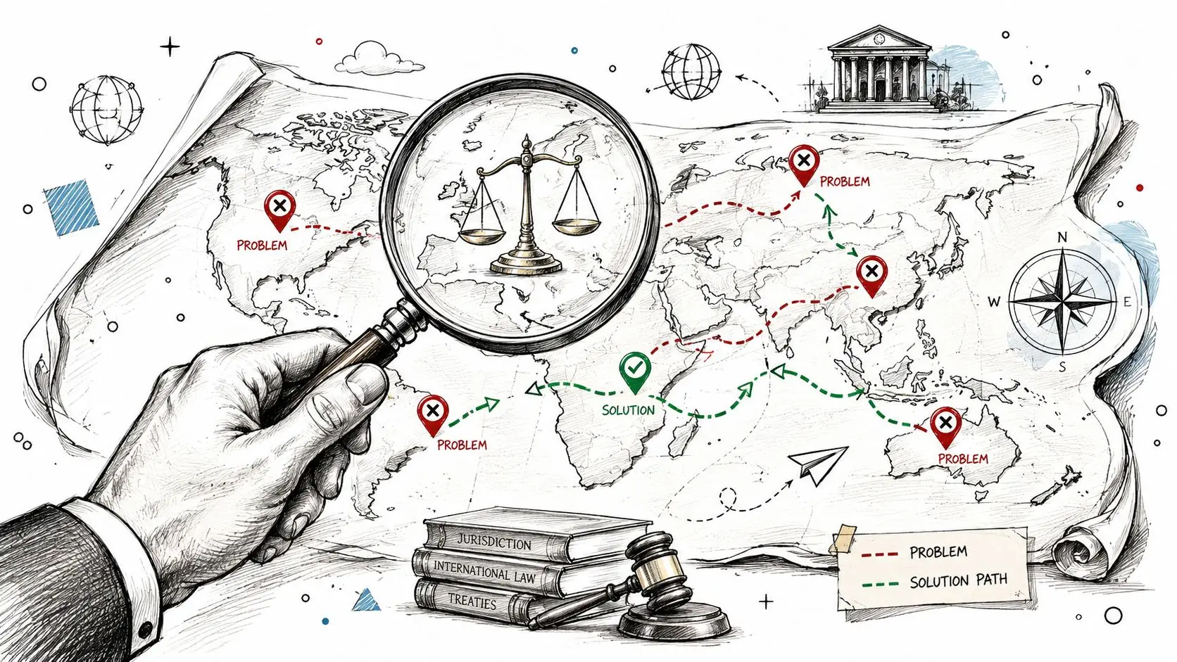 A hand holding a magnifying glass over a world map showing legal symbols, problems, and solutions.