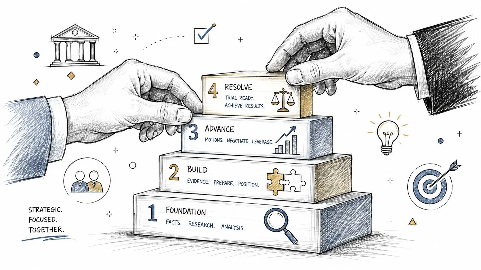 A hand-drawn illustration showing a four-step legal strategy process built with blocks for international litigation.