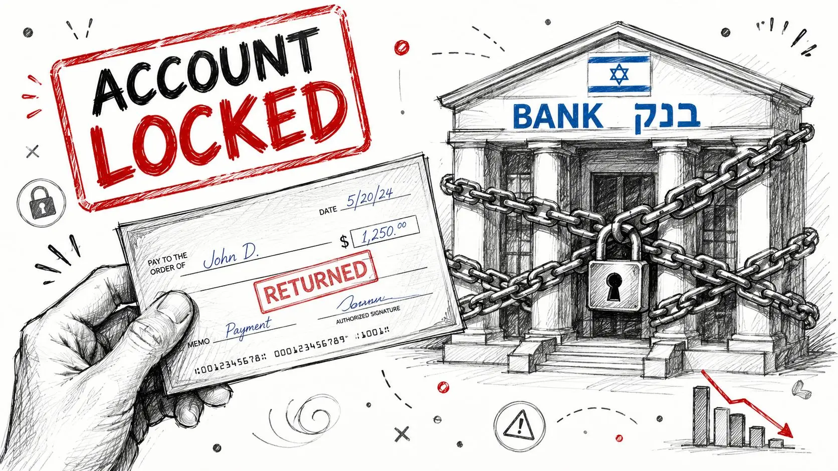 A hand holding a returned bank check in front of a chained and locked Israeli bank building.