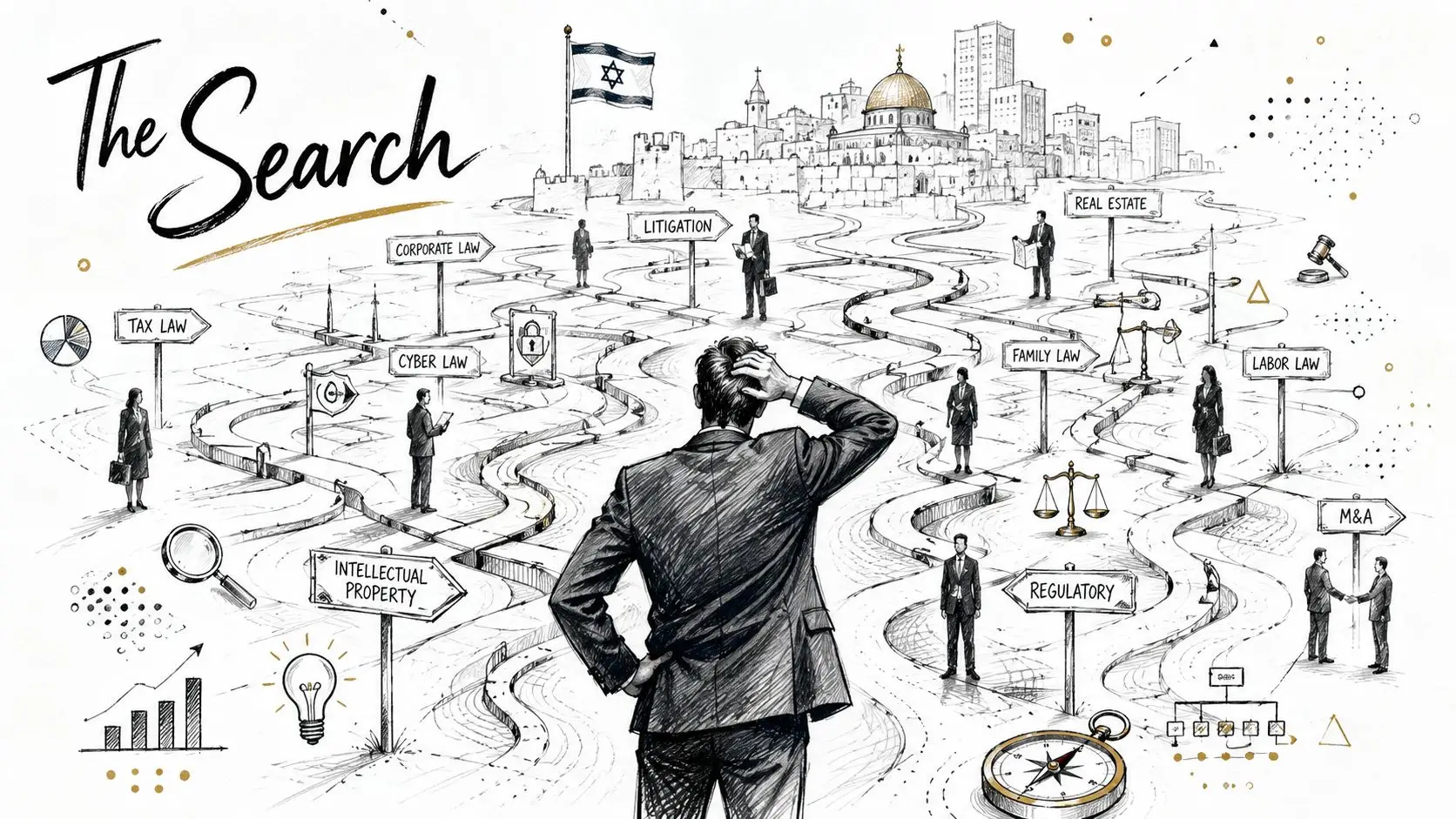 A businessman standing at a crossroads choosing between different legal practice areas in Jerusalem, Israel.