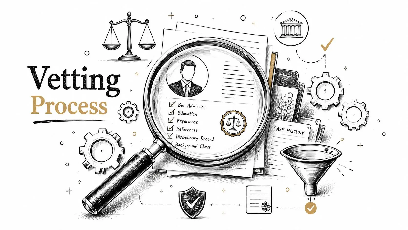A magnifying glass inspecting professional legal documents, emphasizing a comprehensive vetting process for qualified legal candidates.