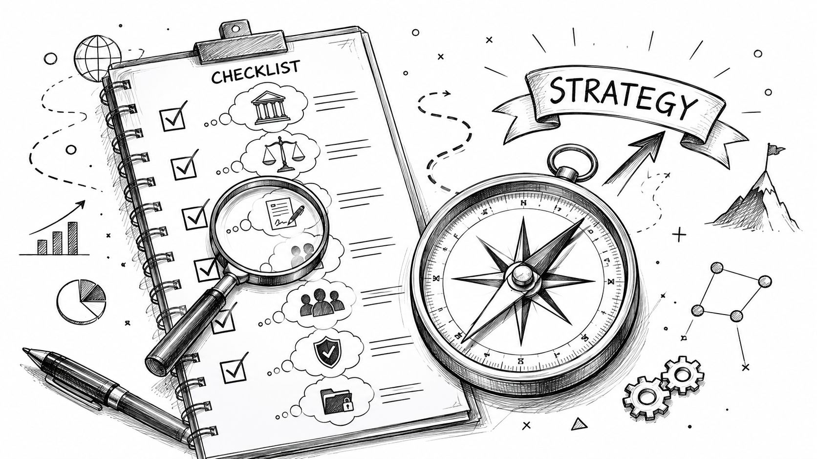 A hand-drawn illustration showing a checklist, a magnifying glass, a compass, and business strategy icons.
