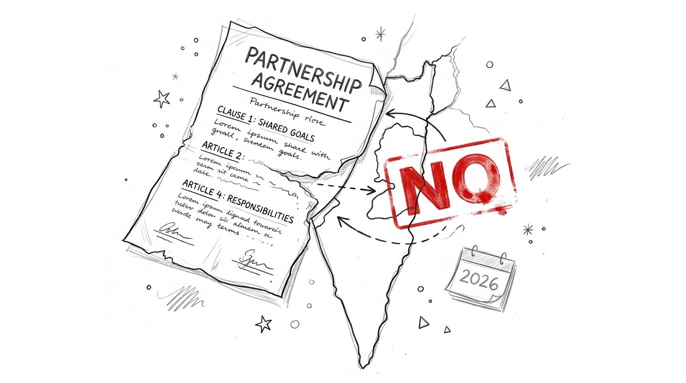A pencil sketch of a ripped partnership agreement document next to a map labeled with NO and 2026.
