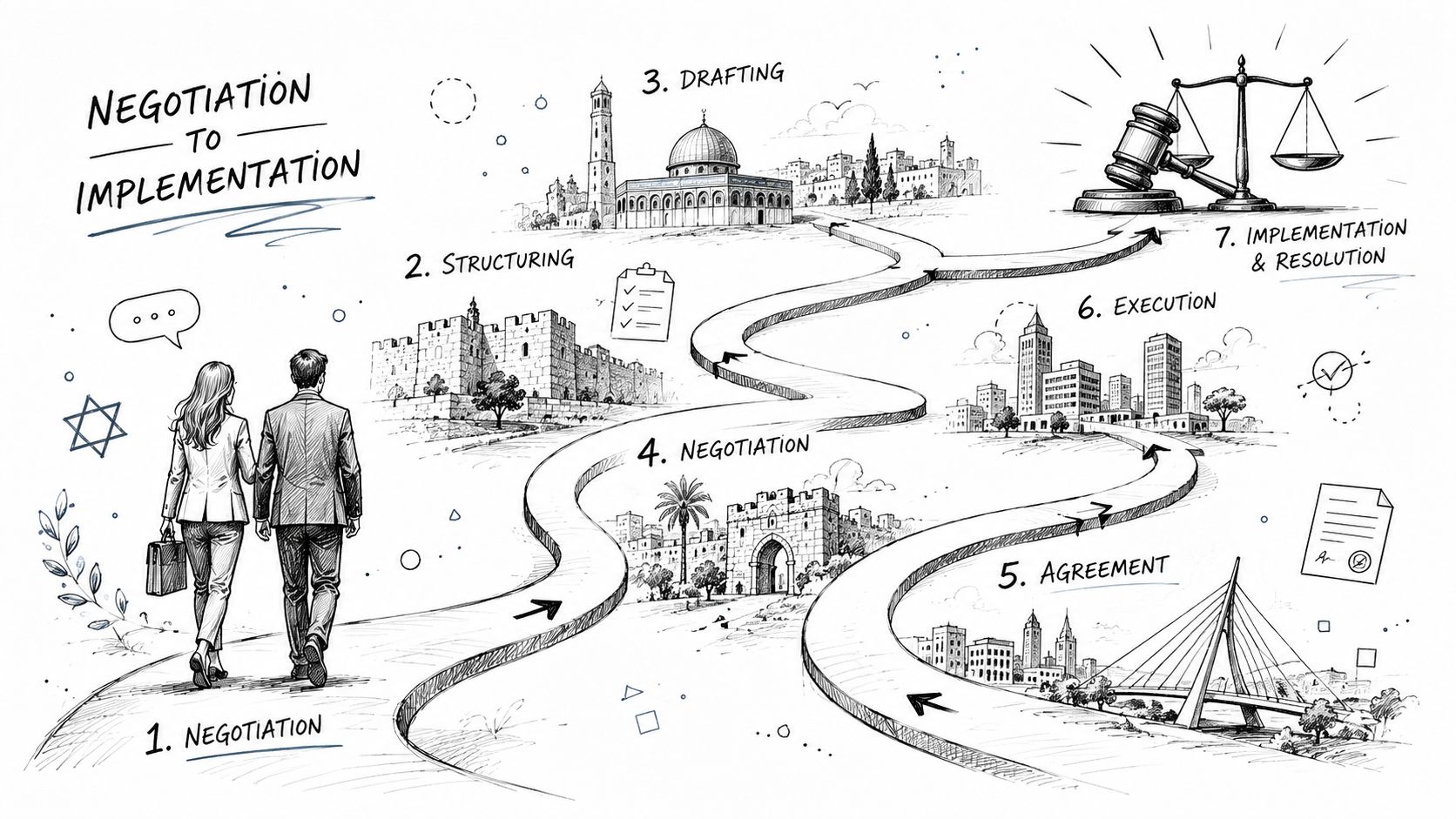 A hand-drawn illustration depicting a seven-step roadmap from negotiation to successful legal implementation and resolution.